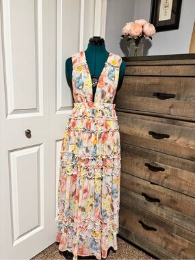 Forever 21 Pastel Floral Ruffled Tiered Maxi Dress - Coral, Yellow, Sky Blue
